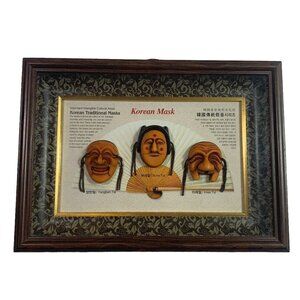 Vtg Korean Traditional/Folk Art Masks Framed Shadowbox Wall Hanging-Handmade Dec